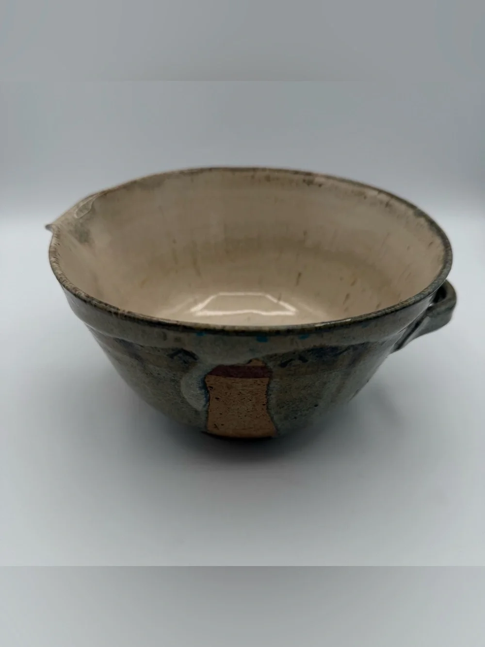 Vintage Studio Pottery Stoneware Batter Bowl Pouring Mixing Bowl Blue Green 7.5”